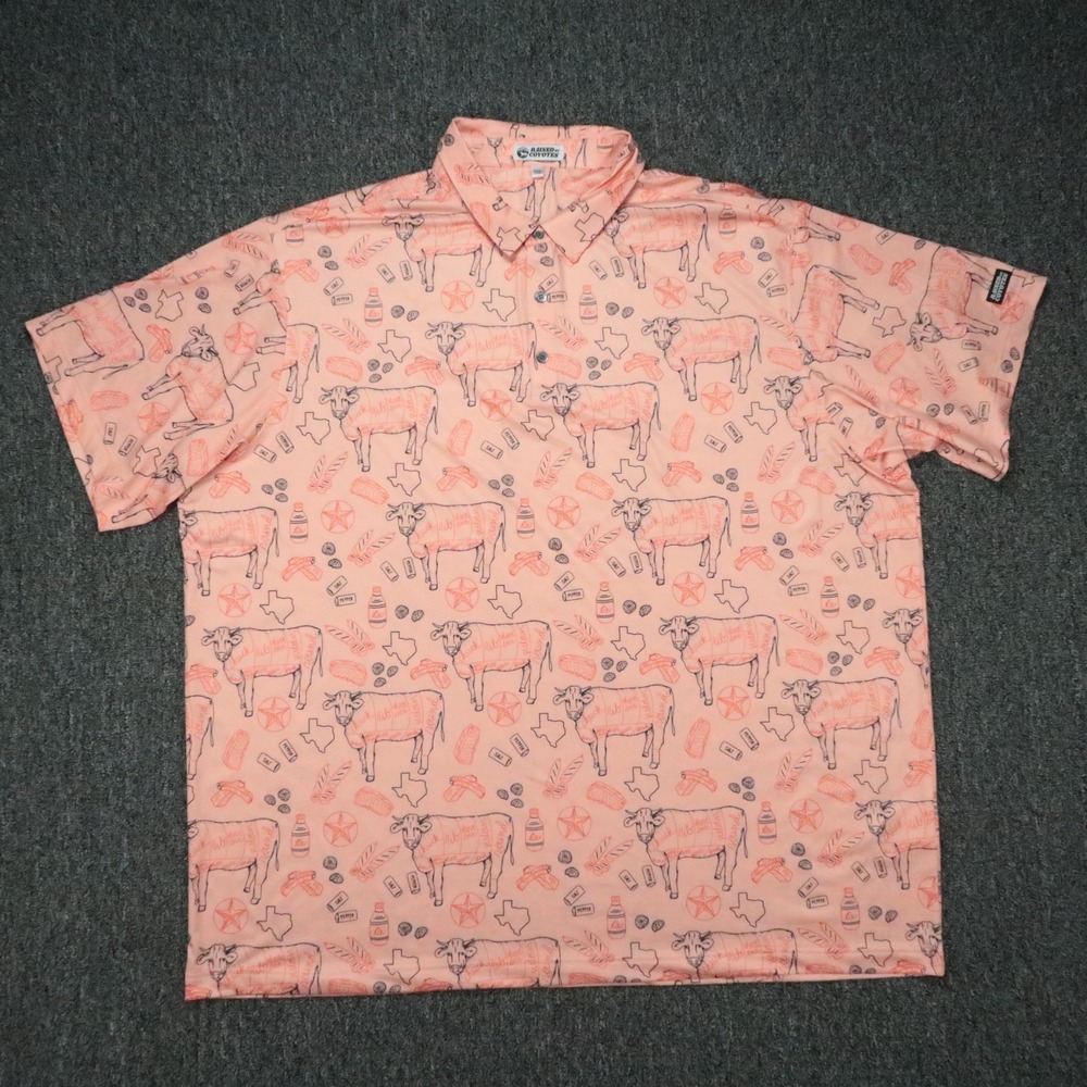 Raised By Coyotes Shirt Men 3XL Pink Red Texas BBQ Print Performance Golf Polo
